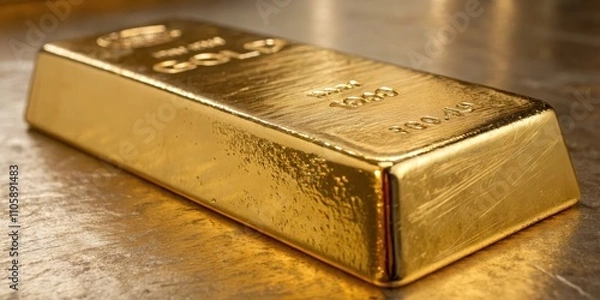 Fototapeta A gleaming gold bar, a symbol of wealth and precious metal, rests on a metallic surface