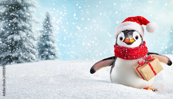 Fototapeta A cheerful penguin in a Santa hat and scarf holds a gift, surrounded by snow and festive trees, embodying the joy of Christmas.