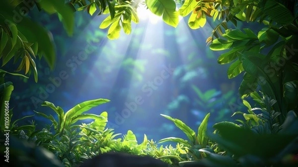 Fototapeta Lush Green Jungle with Sunlight Streaming Through Dense Foliage