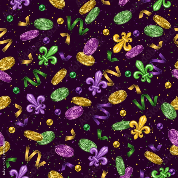 Fototapeta Mardi Gras themed seamless pattern with falling shiny coins, Fleur de Lis sign, scattered beads, confetti, trinkets on dark textured background. Coins with crown icon. Vintage style.