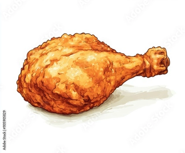 Fototapeta Realistic cartoon-style illustration of a crispy fried chicken drumstick with golden, crunchy breading, displayed on a white background.