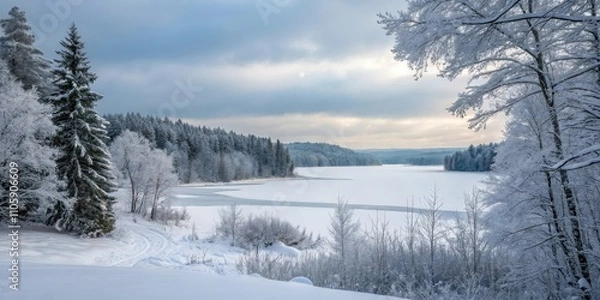 Fototapeta Serene Winter Landscape Frozen Lake Surrounded by Snow-Covered Trees and a Path