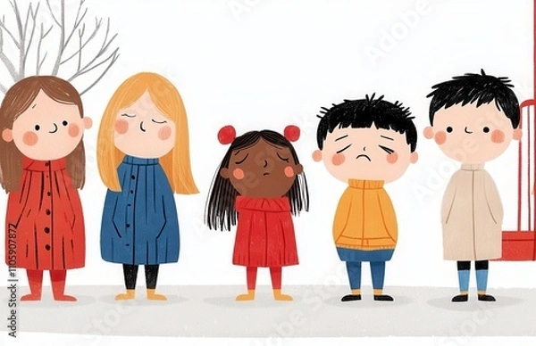 Fototapeta Group of children in colorful coats showing various emotions on a chilly day in a playground setting