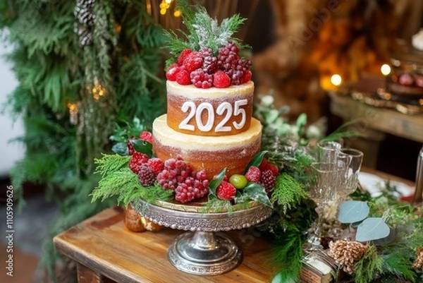 Fototapeta Elegant New Year's Cake Decorated with Fresh Berries and Greenery for Celebrating the Arrival of 2025 in a Cozy Festive Setting