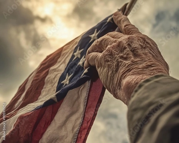 Fototapeta Close-up of a weathered elderly hand gripping an American flag, symbolizing patriotism and resilience, with a cloudy sky backdrop.
