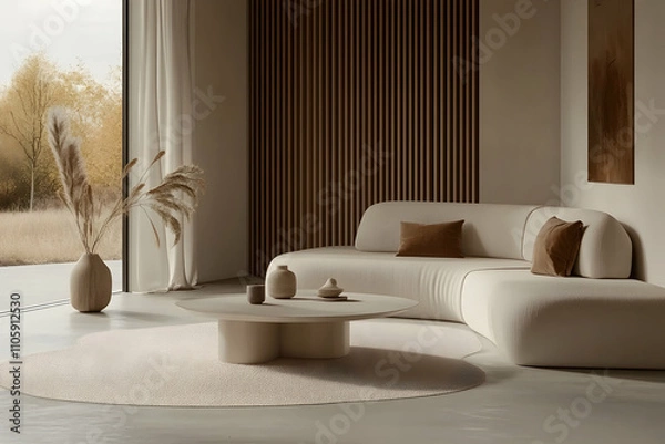 Obraz Serene minimalist living room interior design, featuring a curved beige sofa, wooden wall paneling, and natural decor.
