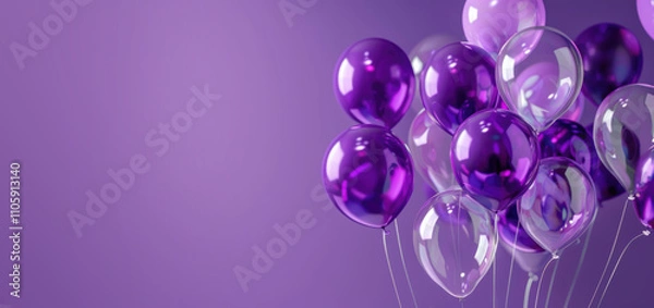 Obraz A realistic purple balloon background. A holiday illustration featuring balloons in a minimal concept, with a dark violet background color and ample copy space for text. Generative AI.
