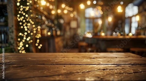 Fototapeta Empty wooden table with christmas theme in background, Warm Glow: A Cozy Evening at a Wooden Table