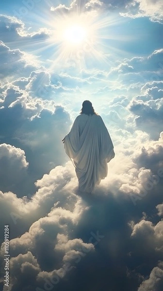 Fototapeta Jesus walking on clouds, blue sky with sun rays shining through the clouds