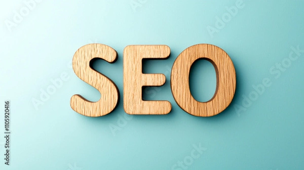 Fototapeta Wooden SEO letters on a mint green background, emphasizing digital marketing and search engine optimization.