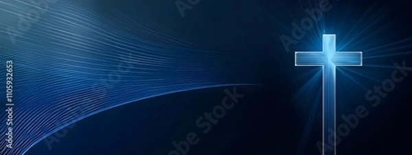 Obraz Modern christian background with cross and blue rays on dark blue background vector illustration white line drawing