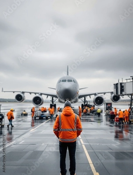 Fototapeta Airfield Operations with Ground Crew in Safety Gear During Overcast Weather
