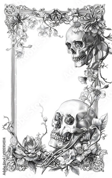 Fototapeta Detailed gothic frame adorned with skulls and floral motifs, suited for darkthemed projects. Ideal for admirers of macabre or Victorian styles, seeking an intricate design