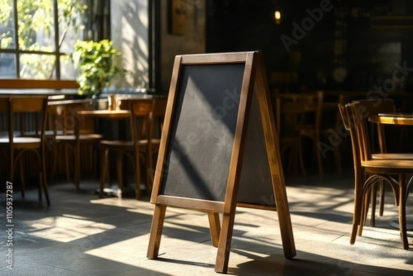 Fototapeta Wooden A-Frame Chalkboard Stand in Brightly Lit Cafeteria with Empty Chairs and Tables, Perfect for Menu Display and Creative Art in a Cozy Atmosphere