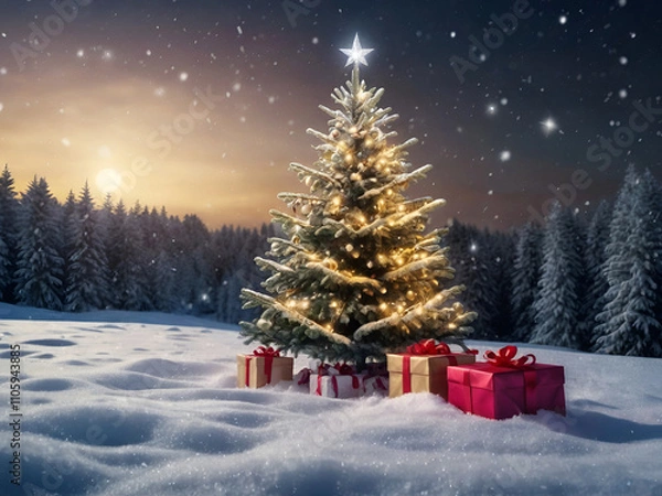 Fototapeta Christmas Tree on snow and gift boxes in snowy forest.