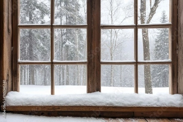 Fototapeta Snowy Winter Scene Viewed Through Rustic Window