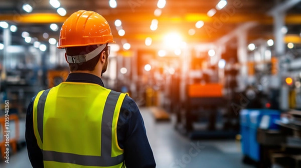 Fototapeta A back view of an engineer in a factory, wearing a safety helmet and reflective vest, observing large industrial machines under bright overhead lighting