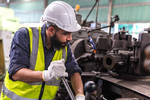 Obraz Male factory worker working with heavy machinery in industrial factory