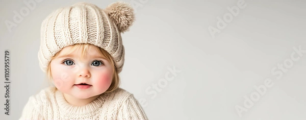 Fototapeta Portrait of a baby wearing a cozy knit hat with a pom-pom and a matching sweater, set against a clean, minimalist background. The image captures the innocence and warmth of childhood 