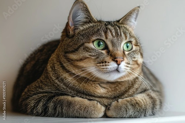 Fototapeta Young playful Russian Blue cat relaxing indoors on a sunny morning. Gorgeous blue-gray cat with green eyes. Family pet at home.. Beautiful simple AI generated image