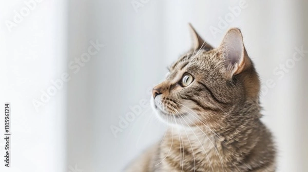 Fototapeta Curious tabby cat gazes towards the light.