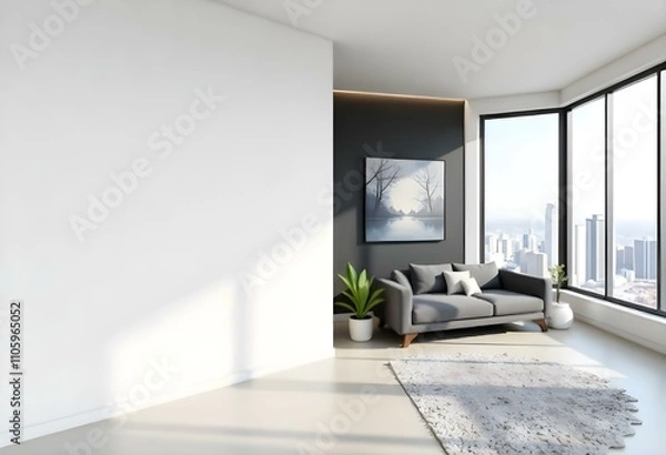 Fototapeta A modern, minimalist living room with a white wall , a black accent wall , and a large window overlooking a city skyline . The room features a gray sofa , a potted plant , and a few decorative items.