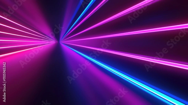 Fototapeta Bright neon lines in pink and blue radiate outward from a central point against a dark purple background, creating a retro-futuristic laser effect. Generative AI.