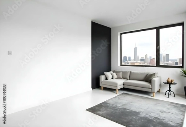 Fototapeta A modern, minimalist living room with a white wall , a black accent wall , and a large window overlooking a city skyline . The room features a gray sofa , a potted plant , and a few decorative items.