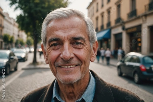 Fototapeta Close portrait of a smiling senior Argentine man looking at the camera, Argentine city outdoors  blurred background