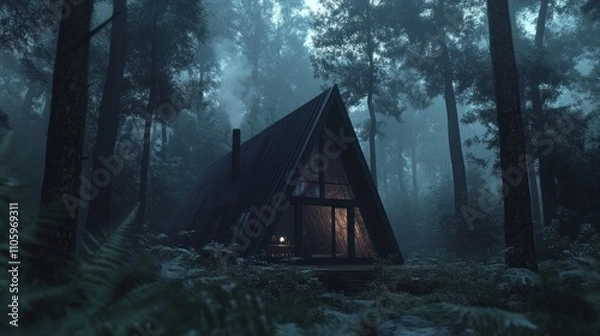 Fototapeta Mysterious A-Frame Cabin in a Foggy Forest at Night