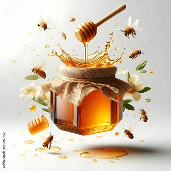 Fototapeta The image showcases a beautifully crafted honey jar, which is elegantly adorned with a cloth cover. Above the jar, a wooden honey dipper drizzles honey, creating a dynamic splash effect that captures 