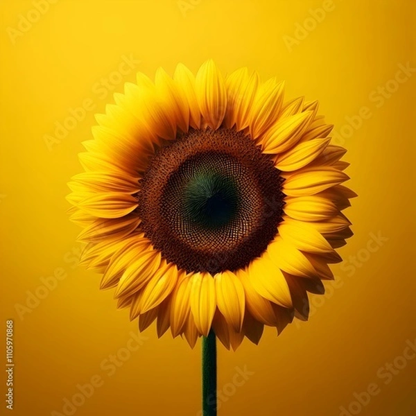 Fototapeta The image features a stunning sunflower set against a bright yellow background, creating a warm and cheerful atmosphere. The sunflower is fully bloomed, showcasing its vibrant golden petals that radia