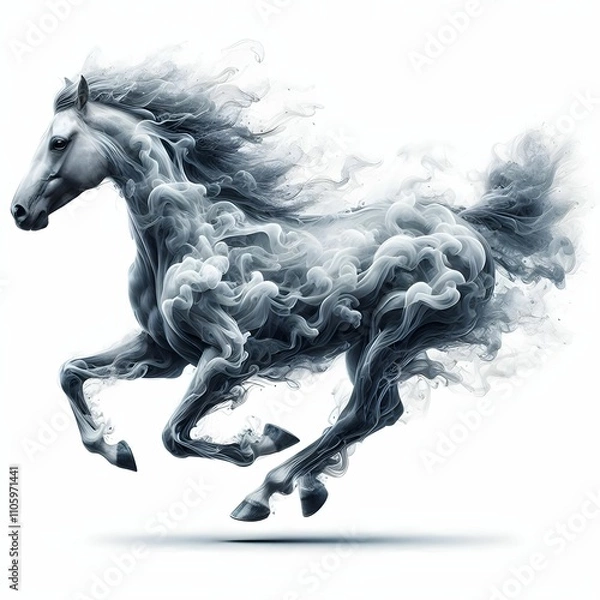 Fototapeta The image features a strikingly artistic representation of a horse seemingly composed of swirling smoke or mist. The horse is in mid-gallop, with its powerful legs stretched out and mane flowing drama