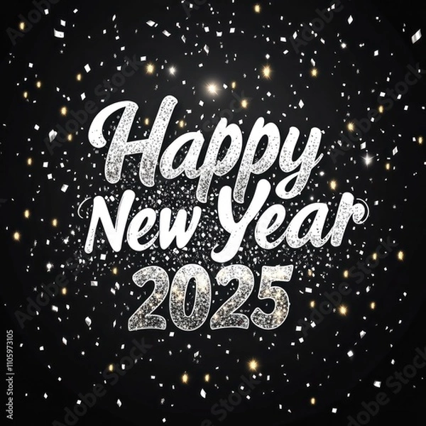 Obraz A glittering "Happy New Year 2025" banner with silver confetti falling in the background. - Image #1 @Tanveer Sukhera