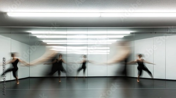 Fototapeta Dancers in motion with a blurred effect in a mirrored room