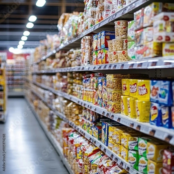 Fototapeta Aisles of Colorful Snack Foods and Cereals in a Grocery Store with Bright Lighting and Neat Organization on a Busy Shopping Day