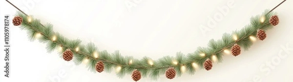 Obraz A seamless Christmas border adorned with coniferous branches and twinkling lights against a transparent backdrop