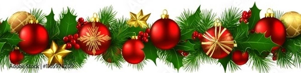 Fototapeta A festive garland featuring snowberries, green Christmas tree branches, and red decorations, set against a white or transparent backdrop.