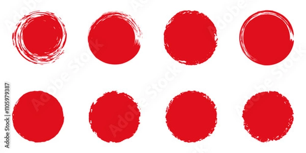 Fototapeta Set of red grunge circles. Stamp with jagged edges. Japanese sun isolated on white background.
