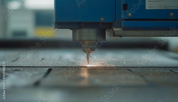 Fototapeta Precision laser cutting machine in action, sparks flying from metal sheet. Industrial technology, manufacturing process.