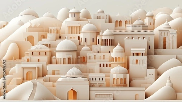 Fototapeta Stylized architectural illustration with domes and arches inspired by traditional Middle Eastern and Indian architecture elements on a hilly landscape