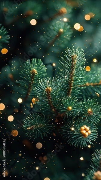 Fototapeta Close-up of fir branch with dew and lights in background. Christmas concept