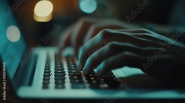 Fototapeta Nighttime Laptop Typing Closeup Hands on Keyboard Digital Work Online Activity