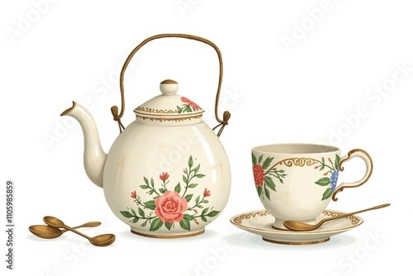 Fototapeta Distressed Ceramic Teapot, Floral Patterns