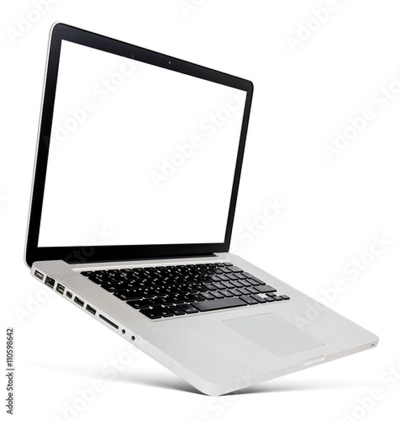 Obraz Flying aluminium laptop with blank screen, isolated on a white