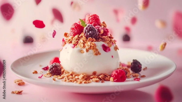 Obraz Healthy breakfast. Yogurt with granola and berries