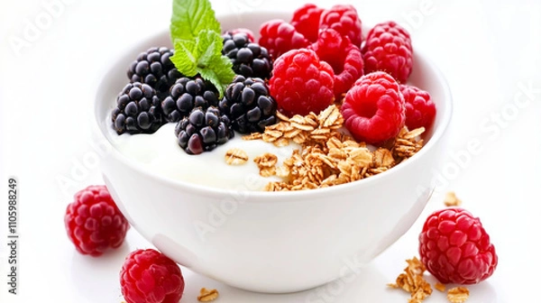 Obraz Healthy breakfast. Yogurt with granola and berries