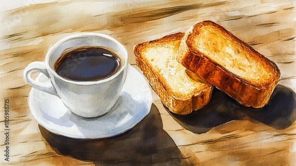 Obraz Illustration of coffee and toast, hand-drawn, on a wooden table, in a watercolor style, high resolution