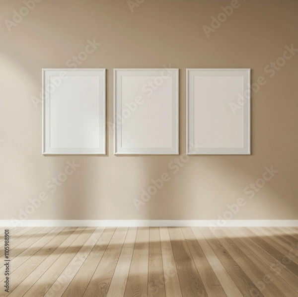 Fototapeta Spacious beige room with three white framed wall arts and wooden flooring.