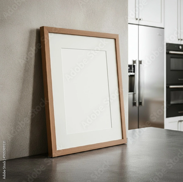 Fototapeta Wooden photo frame on a modern kitchen counter with stainless steel appliances
